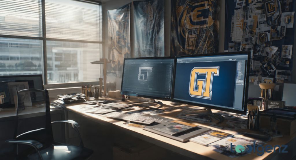 Two computer monitors in a design studio displaying various iterations of the interlocking GT initials. The workspace is cluttered with brand sketches and blue-and-gold banners.