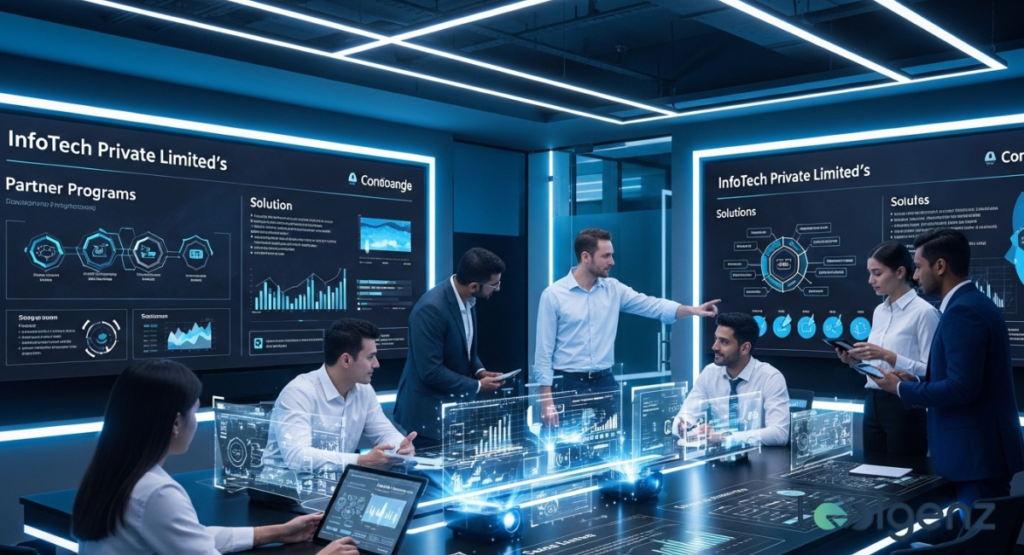 A team of professionals collaborates around a table with interactive holographic displays, reviewing "InfoTech Private Limited's Partner Programs" and solutions. Large screens in the background show detailed data visualizations and program analytics, emphasizing collaborative solutions.