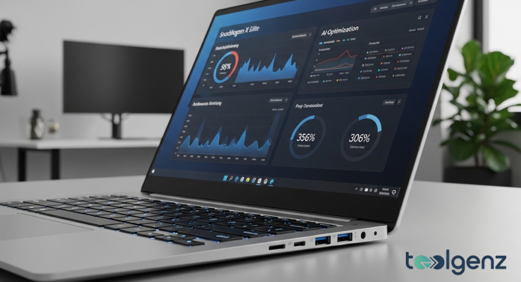 A sleek laptop displays performance metrics and AI optimization dashboards.