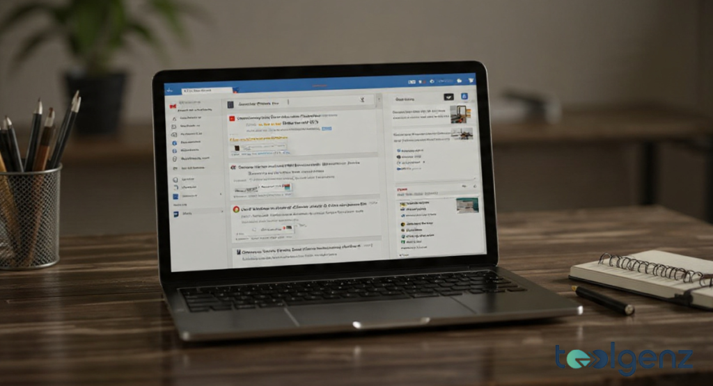 A laptop sits open on a wooden table displaying a dashboard of helpful university links. The screen highlights shortcuts for student portals, mail settings, and technical support.