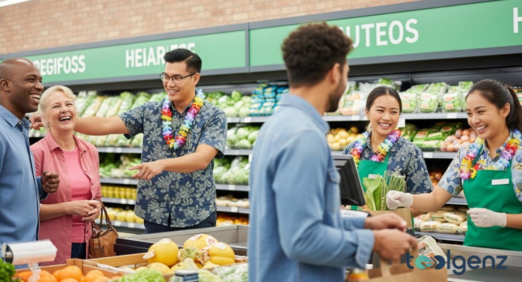 Happy customers interacting with smiling employees, who are wearing festive Hawaiian shirts. The produce section provides a fresh and welcoming backdrop to their conversation.
