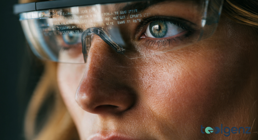 A first-person POV through Ray-Ban Meta Latest Innovations glasses showing a virtual teleprompter and handwriting interface.