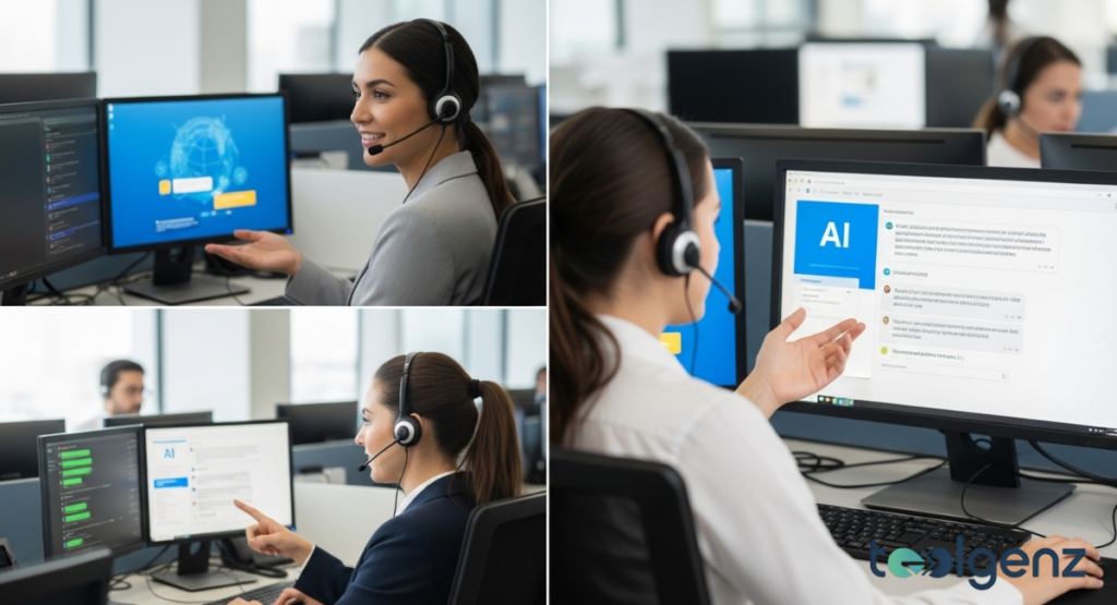 A collage of three images showing a customer service representative using a headset and interacting with a computer screen displaying an AI chatbot interface, suggesting real-world applications of ChatGPT on The Verge. The representative smiles and gestures, indicating ease of use and effective interaction with the AI.