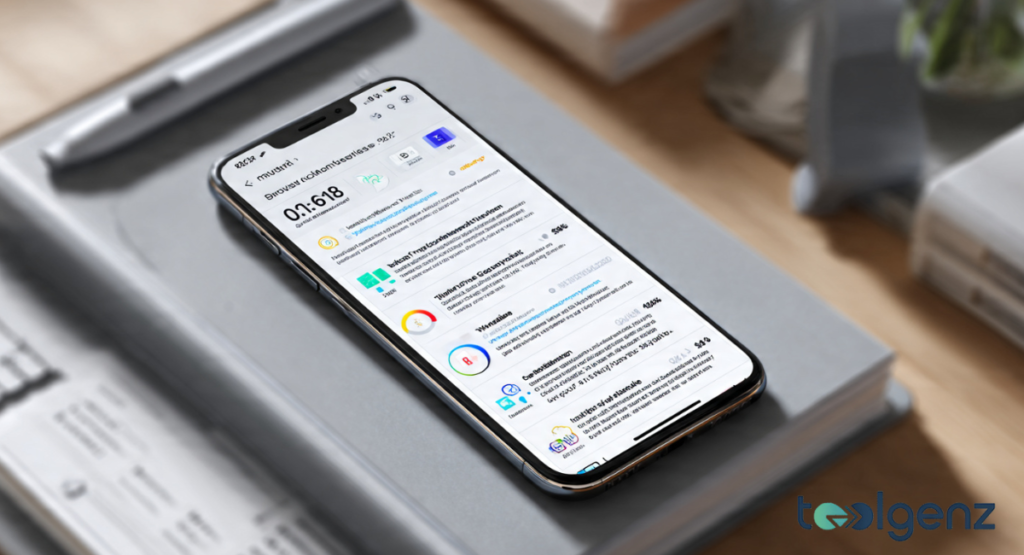 Close-up of a mobile device resting on a notebook, highlighting new software updates. The display shows progress bars and feature logs for the latest version.