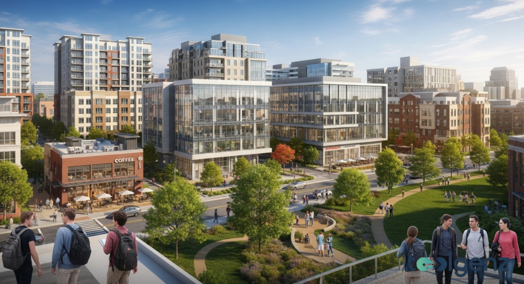 A vibrant city landscape with modern buildings, green parks, and pedestrian areas. The scene suggests a lively urban environment suitable for students.