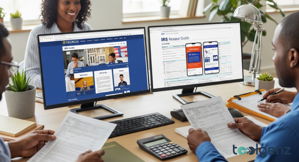 Two individuals review tax documents at a desk, with two computer monitors displaying IRS resource guides and the Georgia Department of Revenue website. The setup emphasizes accessing related topics and resources for tax information.