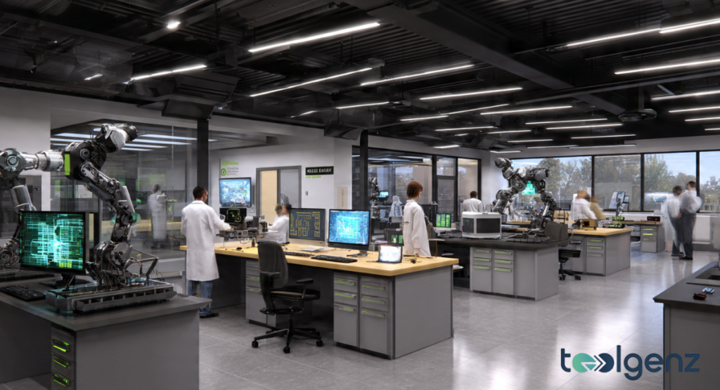 A high-tech robotics lab where researchers in white lab coats work alongside advanced robotic arms and circuitry.