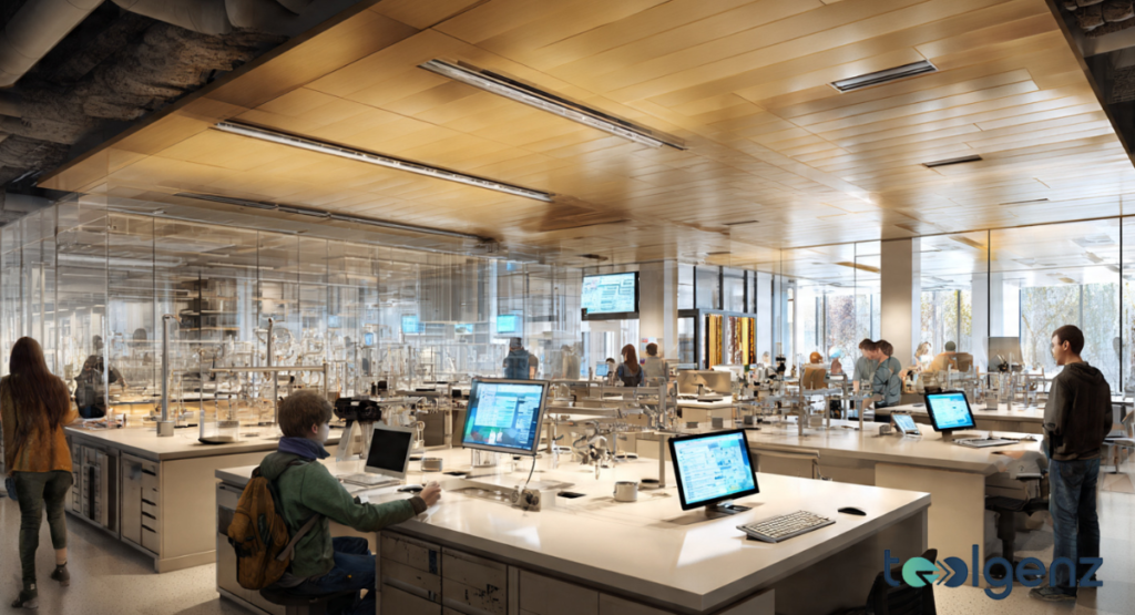 A vast, glass-walled research facility featuring rows of white laboratory benches and advanced computer monitors. Students work in a clean, professional environment designed for scientific discovery.