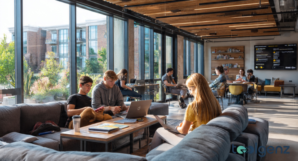 Students relax on comfortable grey sectional sofas in a contemporary lounge with floor-to-ceiling windows.