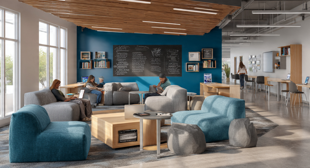 Students relaxing and studying in a vibrant student lounge featuring plush blue sofas and a chalkboard wall. Large windows allow natural light to fill the comfortable, open-concept social space.
