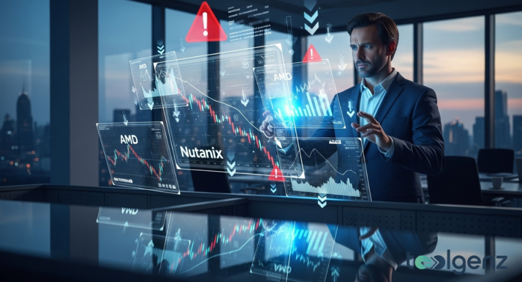 A businessman interacts with multiple holographic screens displaying stock charts and analytics for and "Nutanix," interspersed with warning symbols. The glowing red alerts emphasize risks and challenges investors should consider in the market.