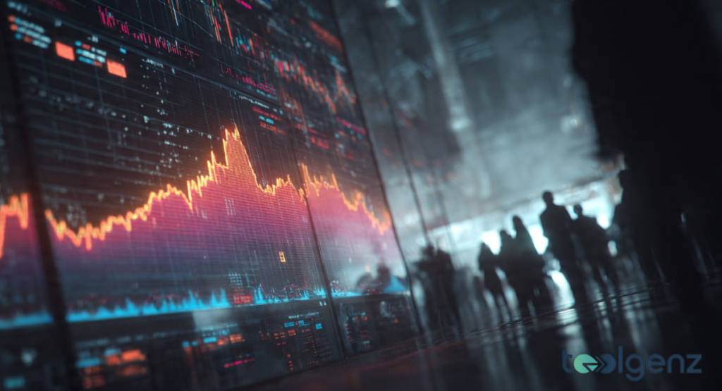 Silhouette figures of analysts walking past a giant, glowing digital screen displaying volatile financial charts and red market trend lines.