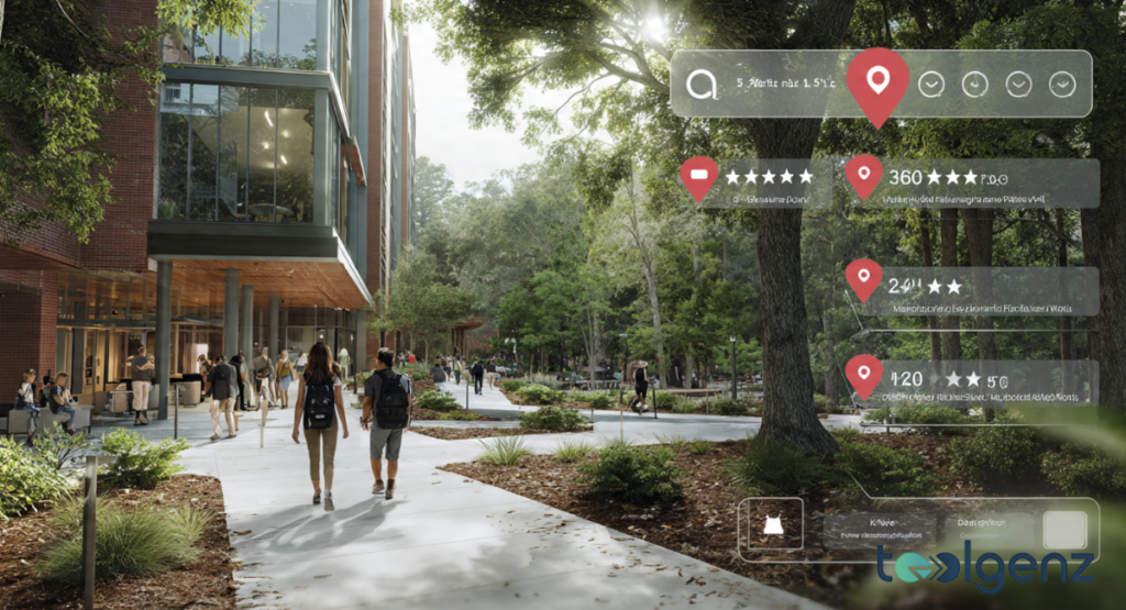 An informational graphic displaying current Georgia campus safety metrics, alongside high student satisfaction ratings and positive reviews for campus infrastructure and support services.