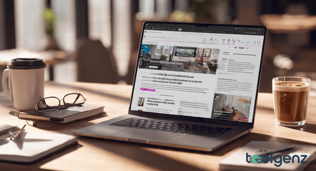 An open laptop on a wooden desk displays a website with high-contrast text and a prominent hero image, positioned alongside a notebook, glasses, and a cup of coffee.