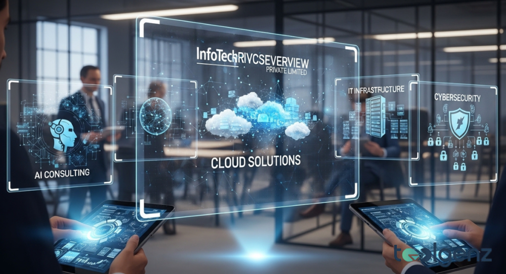 Two people interact with holographic displays showing a "SERVICES OVERVIEW" for InfoTech, featuring icons for AI Consulting, Cloud Solutions, IT Infrastructure, and Cybersecurity. The interactive screens detail the diverse range of services provided by the company.