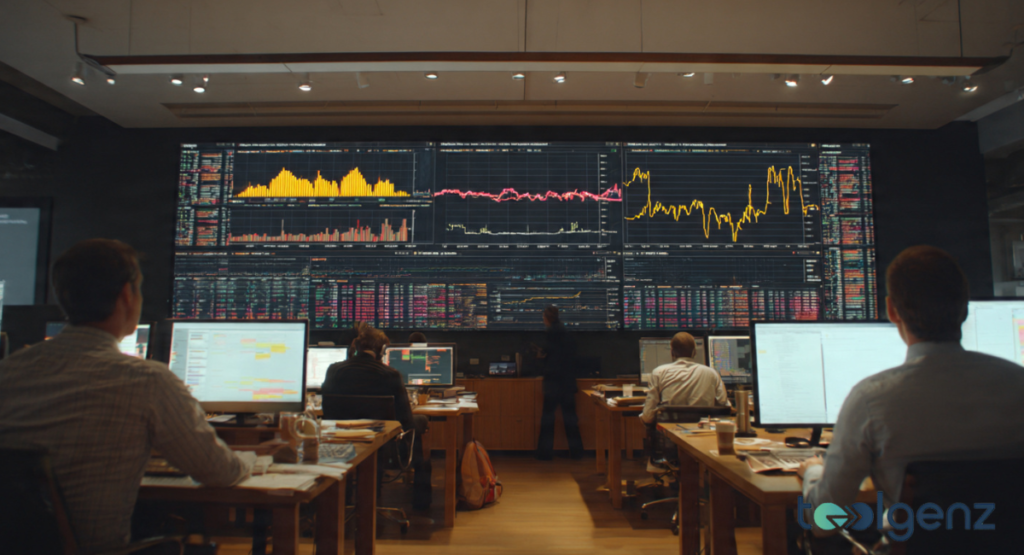 Analysts sitting at desks in a dimly lit command center, facing a massive wall display filled with complex financial data charts and real-time market graphs.