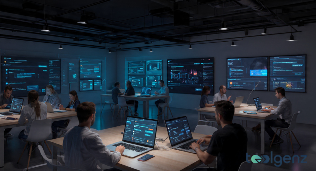 A smartphone screen displaying active threads from popular tech communities and social media forums. Iconography of speech bubbles and network nodes representing digital collaboration and tech-focused groups.