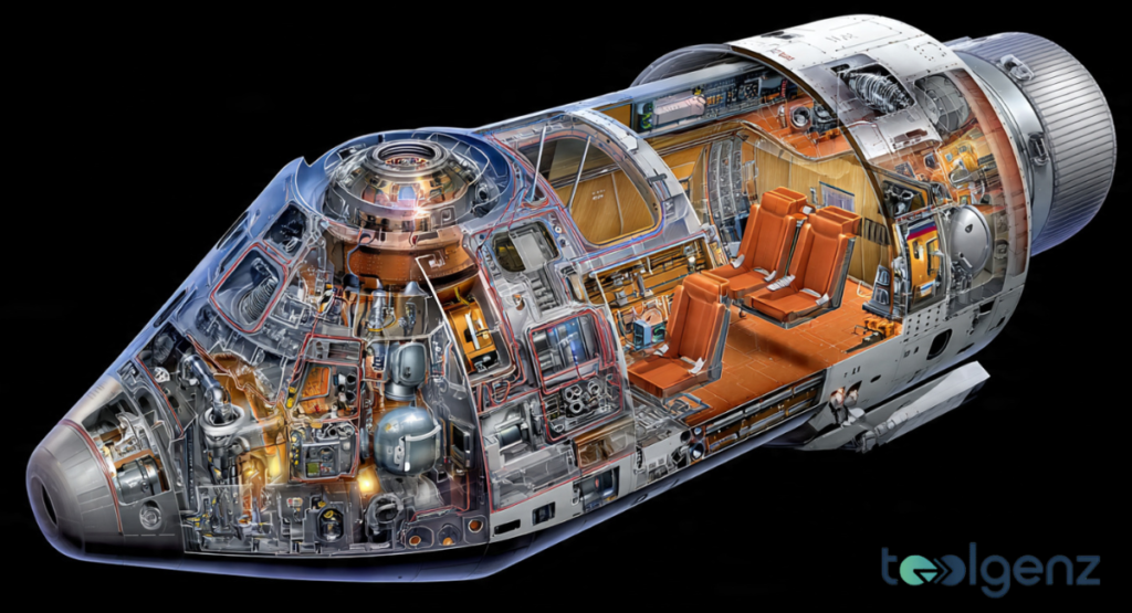 A digital illustration of the Orion spacecraft with its solar panels extended, traveling through deep space toward a large, glowing Moon.