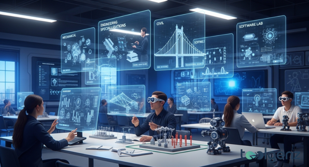 Students in a modern classroom use virtual reality headsets to explore engineering specializations like Mechanical, Civil, and Software Lab, interacting with holographic diagrams. The innovative learning environment showcases interactive courses and advanced program structures.
