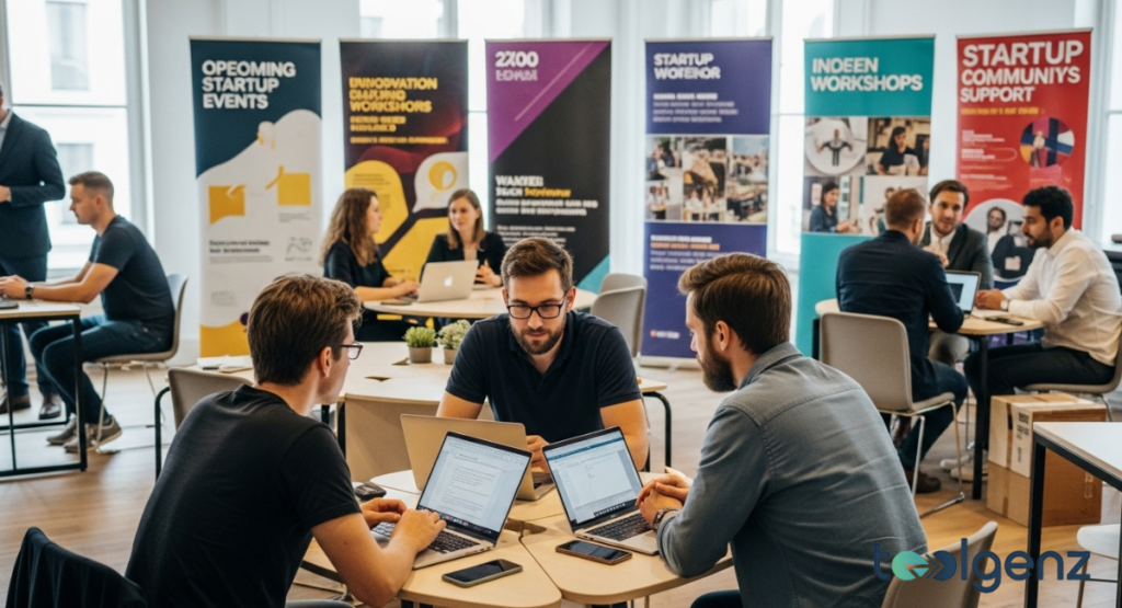 A bustling startup event with several groups of people collaborating on laptops at round tables, surrounded by colorful banners advertising "STARTUP WORKSHOPS" and "INNOVATION HACKATHONS." This dynamic scene captures the essence of community support and entrepreneurial initiatives.