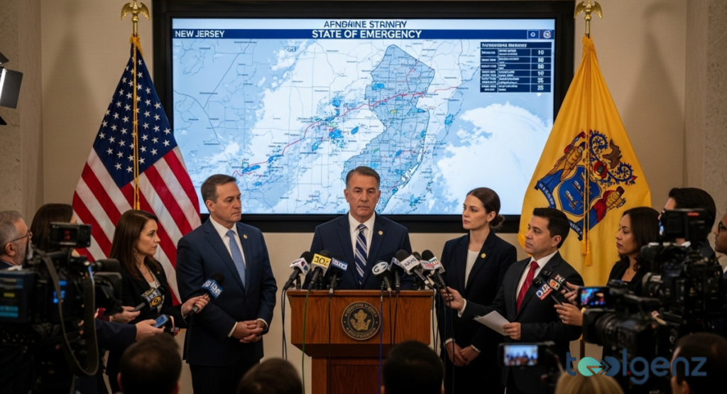 A group of officials, including the New Jersey Governor, holds a press conference. They are discussing a state of emergency due to severe weather.