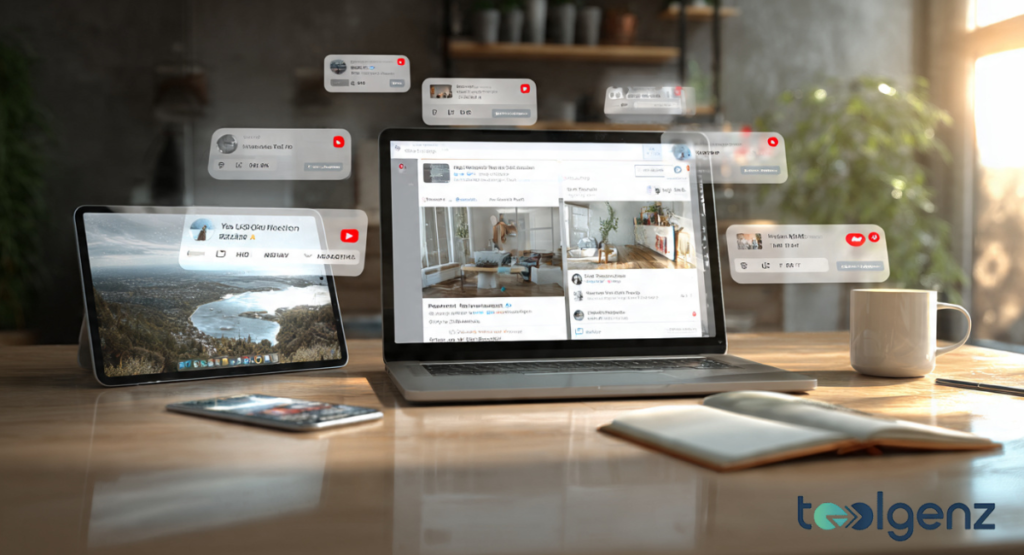 A professional workstation featuring a laptop and tablet, with digital notification bubbles floating above the screens to show real-time social media updates and news alerts.