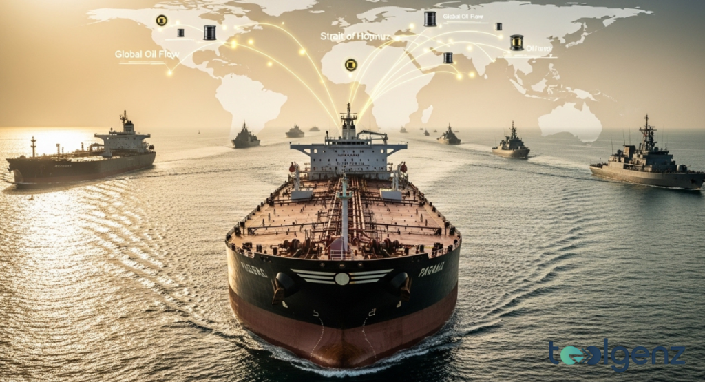A massive oil tanker leads a convoy of naval ships through a strategic waterway, with a world map overlay highlighting the "Strait of Hormuz" and global oil flow. This image underscores the critical importance of this chokepoint for international oil transportation.