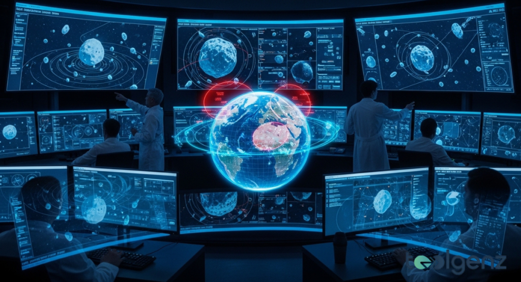 Multiple digital screens in a dark room display complex maps and 3D models of the solar system.