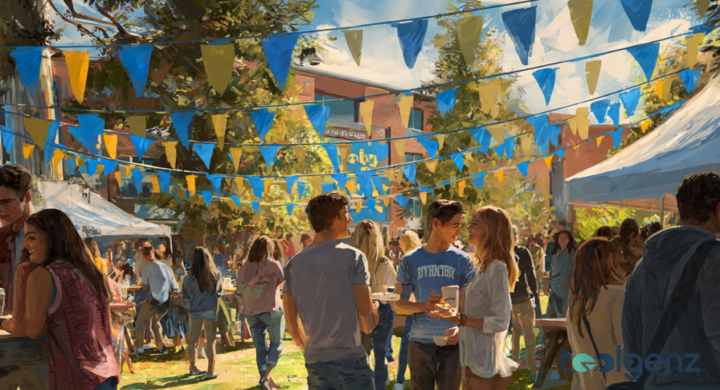 A group of university students gathered at an outdoor involvement fair, visiting various colorful booths and tables representating different student organizations and Greek life chapters.