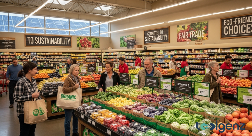 A bustling produce section with shoppers browsing fresh fruits and vegetables. Signs emphasizing "To Sustainability" and "Fair Trade" are visible above the colorful displays.