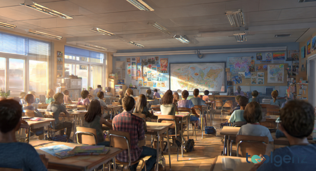 A sunlit classroom filled with students looking toward a large world map and instructional posters on the wall. The warm atmosphere highlights an environment dedicated to academic excellence and global learning.