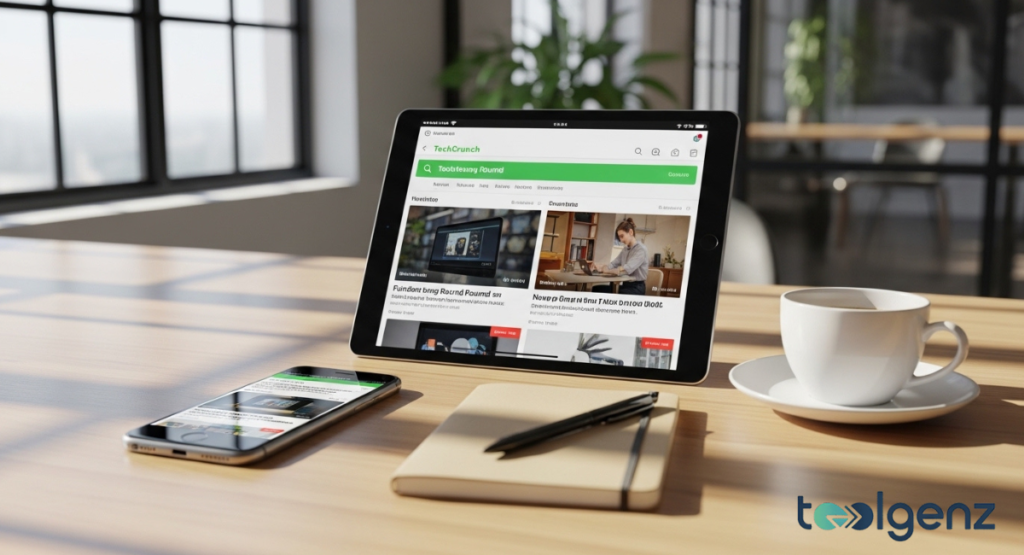 A tablet and a smartphone rest on a wooden desk, the tablet displaying the TechCrunch news app. A coffee cup and a notebook with a pen are also visible, suggesting a focused work or study setting.