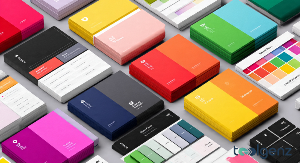 An isometric view of various stacks of colorful business cards and brand style guides, showcasing a wide spectrum of vibrant palettes including greens, reds, yellows, and purples.