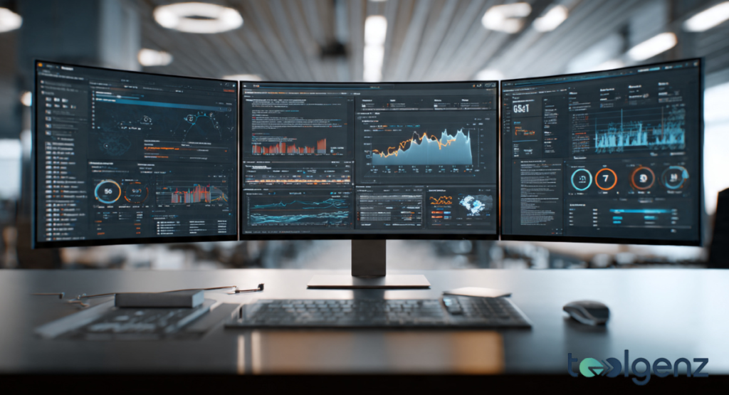 A sleek triple-monitor setup on a dark desk displays complex data visualizations, performance analytics, and code.