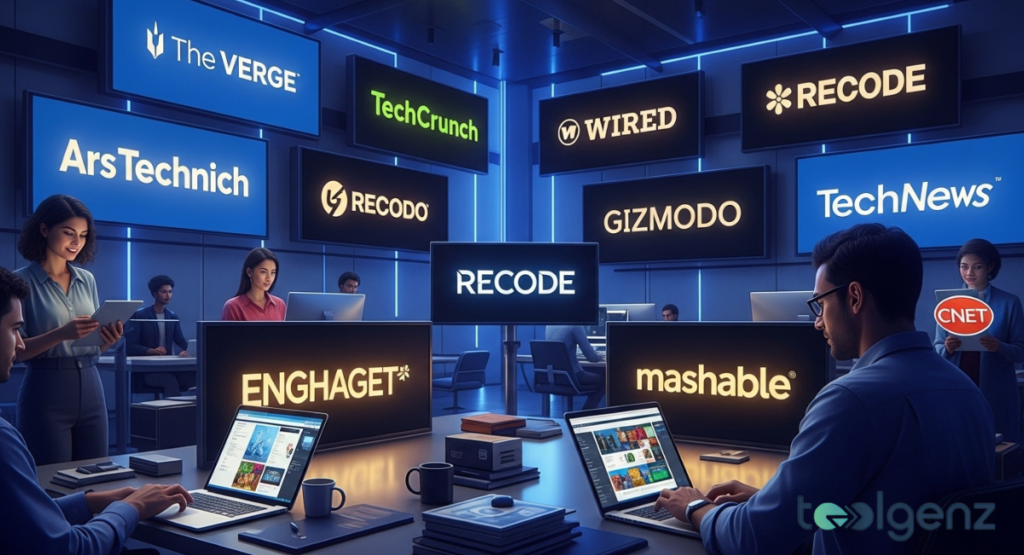 A vibrant office scene where people are engaged with laptops and large screens. The screens display logos of various prominent tech media outlets like The Verge, TechCrunch, and Wired.