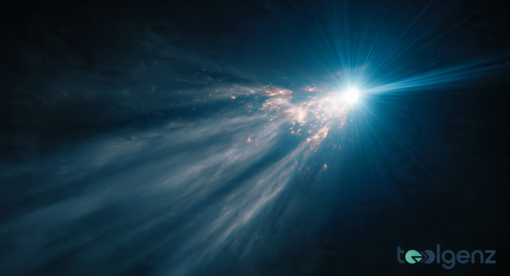 A dazzling explosion of light emanating from the center of a celestial body, casting rays through a blue-tinted cloud of gas.