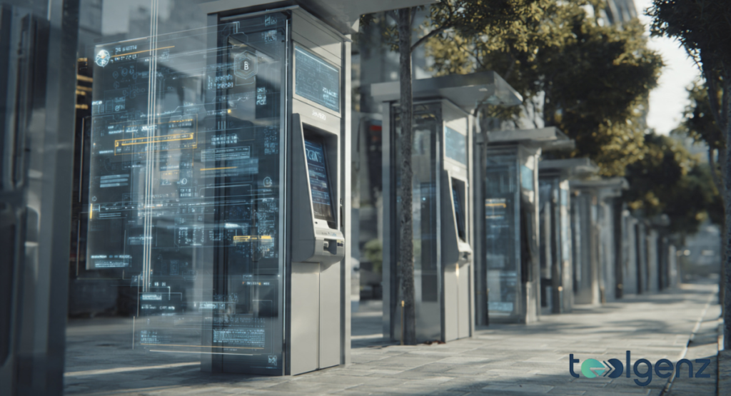 A row of highly advanced, transparent glass financial booths featuring holographic data displays and touchscreens, stretching down a futuristic urban sidewalk.