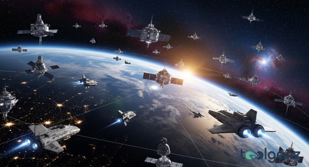 A vast fleet of futuristic satellites and spacecraft patrol the high orbit of a brightly lit Earth.