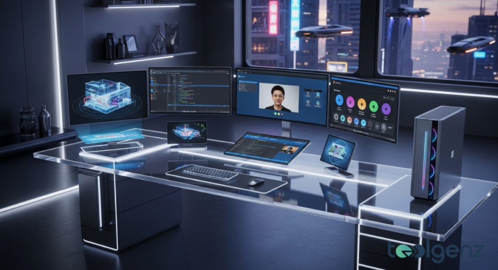 A futuristic desk setup with multiple displays and a desktop computer, showing video calls and various applications.