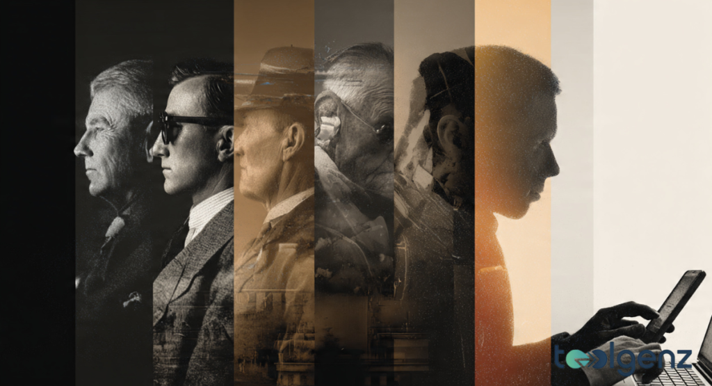 A panoramic collage showing the profile silhouettes of men from different eras. It transitions from vintage black-and-white photography to modern digital usage.