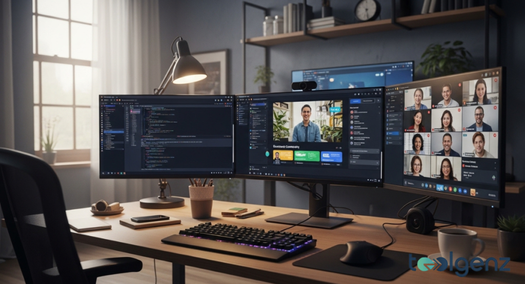 A clean and organized home office setup featuring a triple-monitor display. One screen shows a video conference, indicating remote collaboration or online meetings.