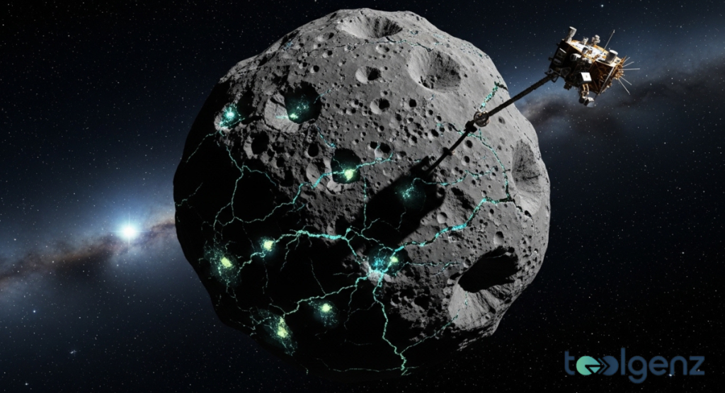 A robotic spacecraft extends a mechanical arm to touch the rugged, glowing surface of a large space rock.