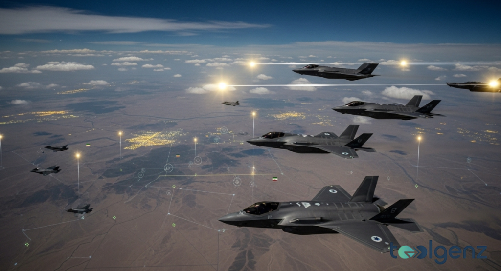 A fleet of advanced fighter jets, including F-35s, fly in formation over a desert landscape, connected by a glowing network of strategic points. The scene depicts a coordinated joint military operation, emphasizing technological integration.