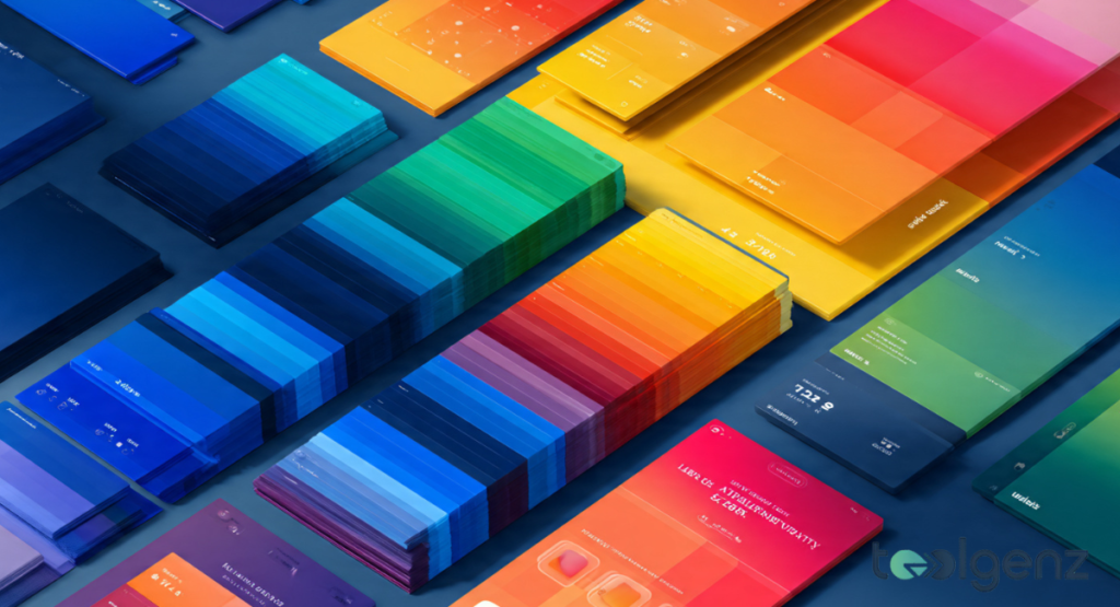 An organized top-down view of numerous thick stacks of color swatches and brand palette cards, featuring a wide array of vibrant gradients in blues, greens, oranges, and pinks.