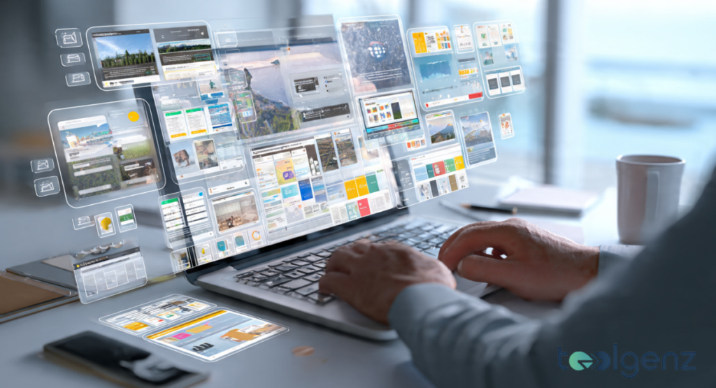 A user’s hands typing on a laptop with futuristic holographic windows floating above the keyboard.