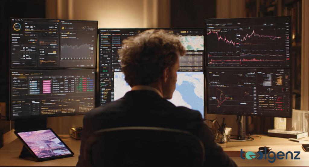 A split-screen view of an investor relations portal and a mobile trading application. The interface shows real-time 2026 stock alerts and professional research tool shortcuts.