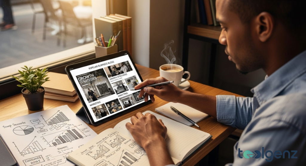 A person interacting with a tablet displaying a variety of business blog topics, best business blogs for startups. Handwritten notes and charts are spread across the wooden desk.
