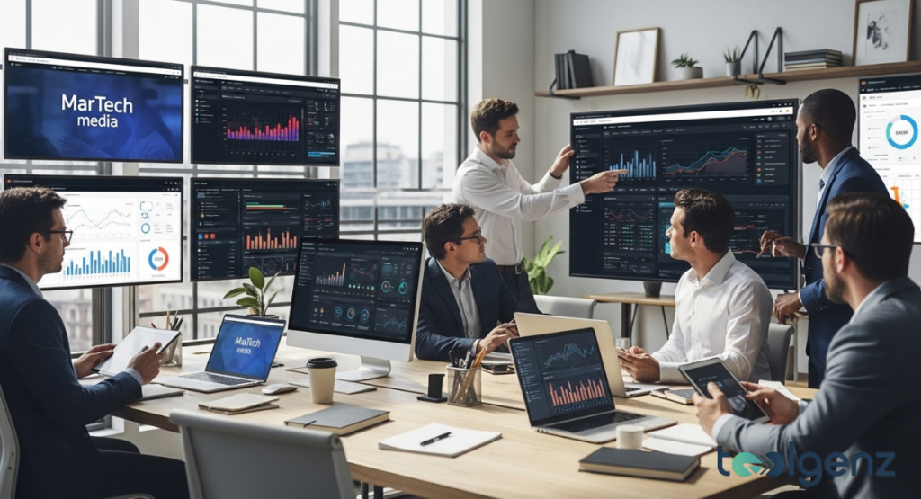 A group of male professionals collaborates in a bright, modern conference room, discussing data visualizations. Large monitors display various charts and graphs, with "MarTech media" visible on one screen.