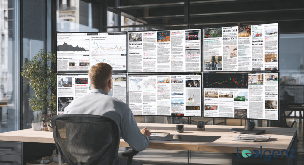 An investor sitting in front of a massive multi-monitor setup displaying various financial news articles and stock market graphs.