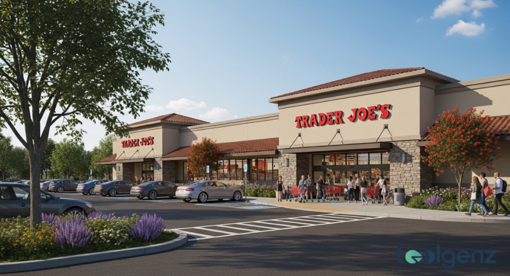 The exterior of a modern Trader Joe's supermarket building with a large parking lot and customers walking towards the entrance. The store features a distinctive red sign.